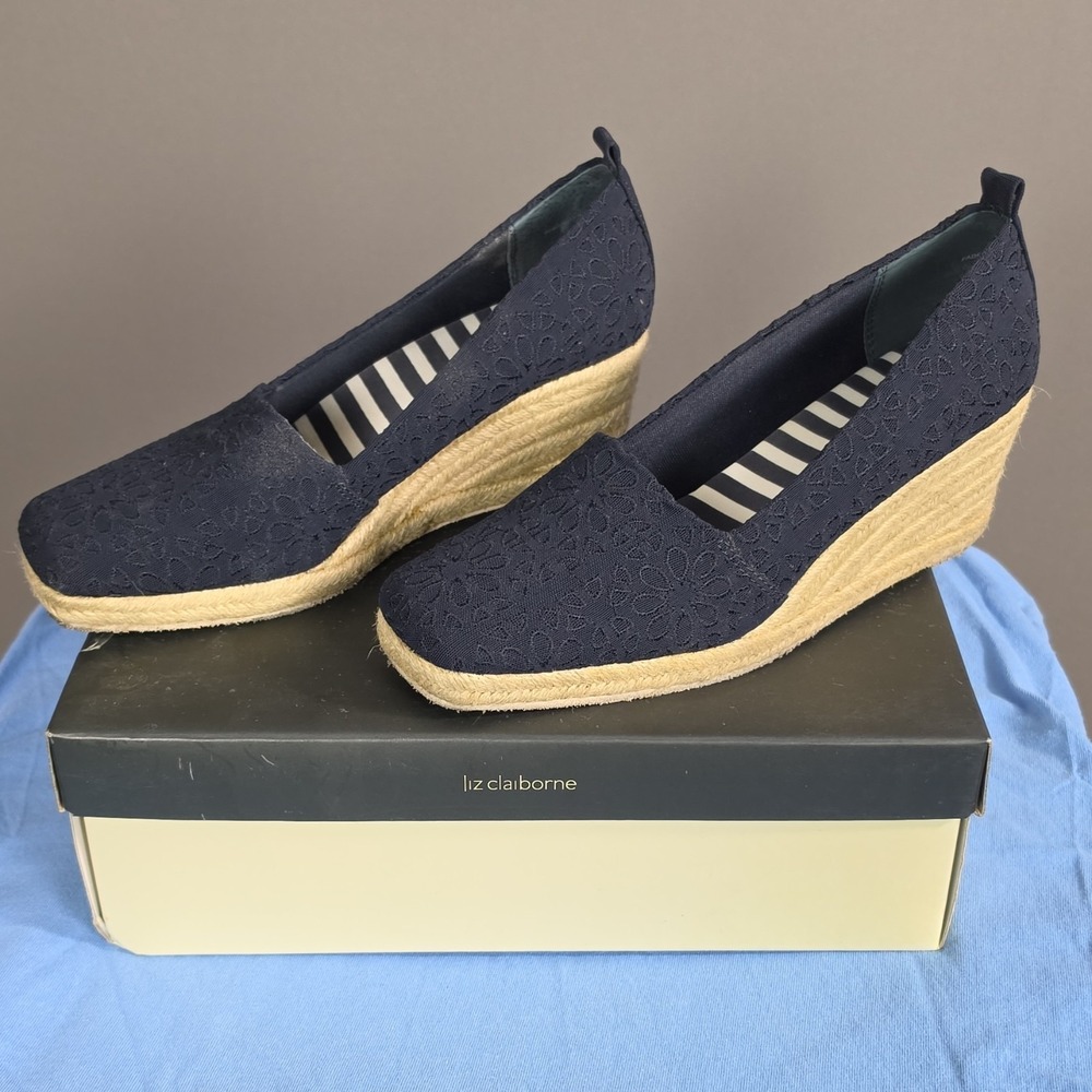 Liz Claiborne Kellie Navy Espadrille Stretch Floral Wedge Shoes 8.5M Women